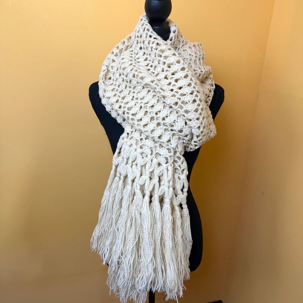 Vintage 70s Handmade Crochet Lace Scarf Cream Ivory Gold Metallic Shimmer Fringe